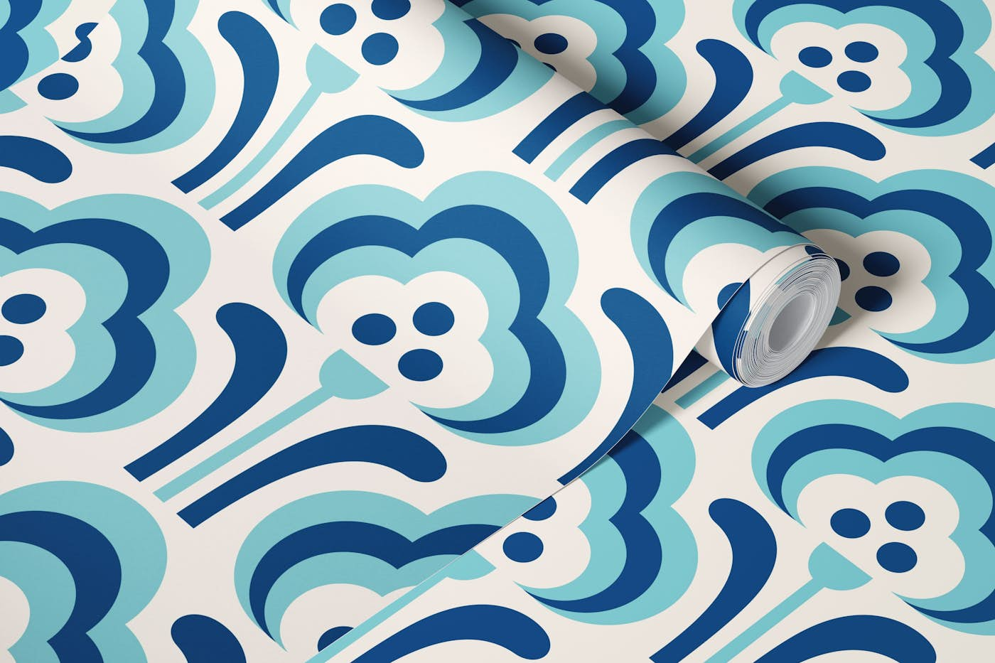 Retro scandi flowers, blue / 3203B wallpaper roll