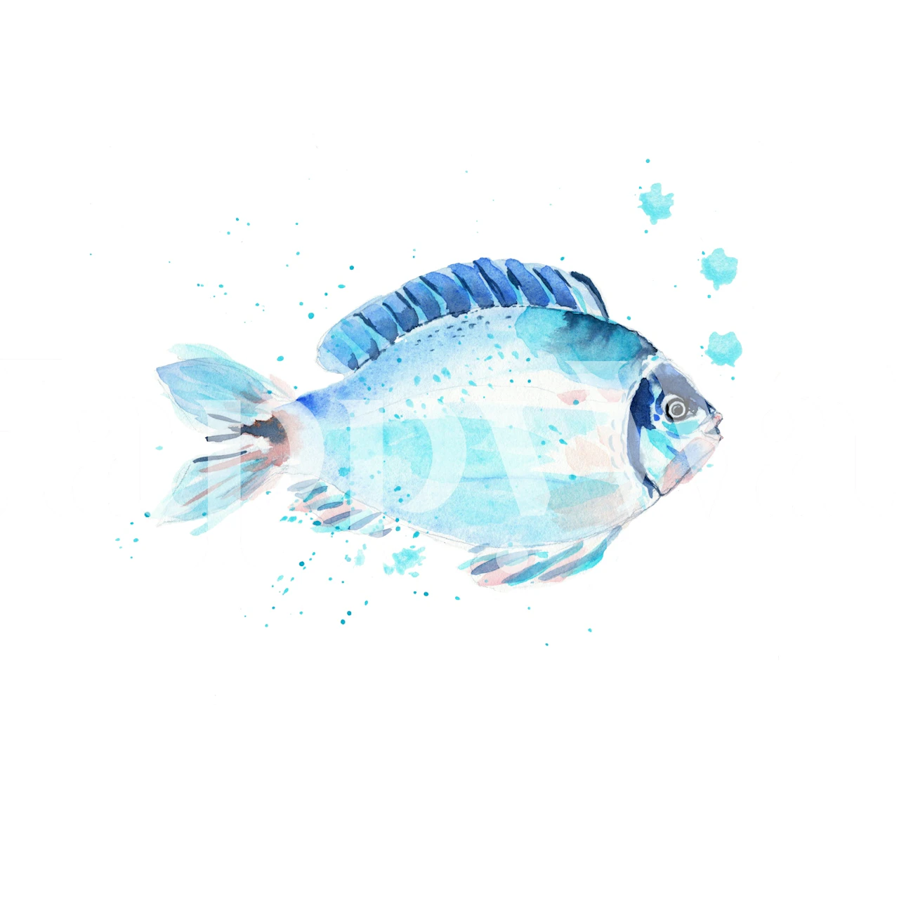 Coastal watercolor blue fish wallpaper in a room