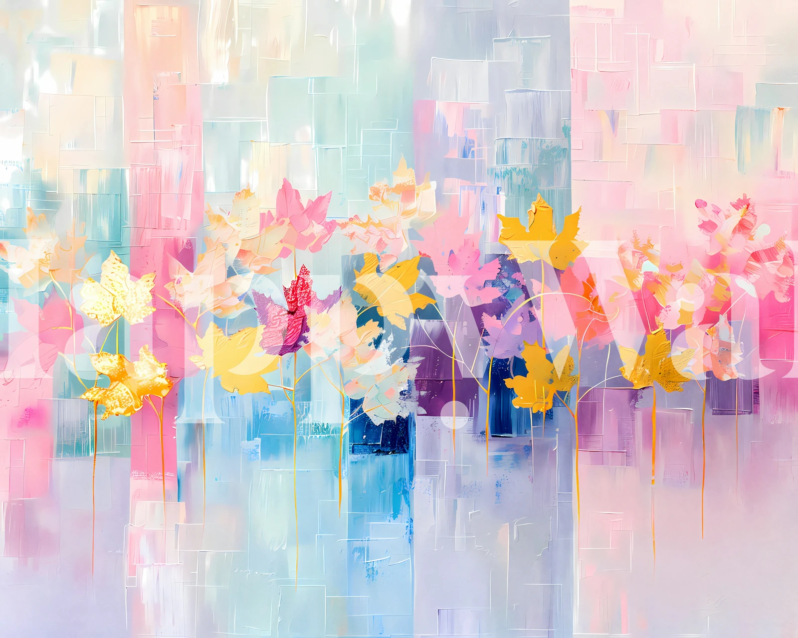 Colorful abstract floral wallpaper with pink and gold leaves