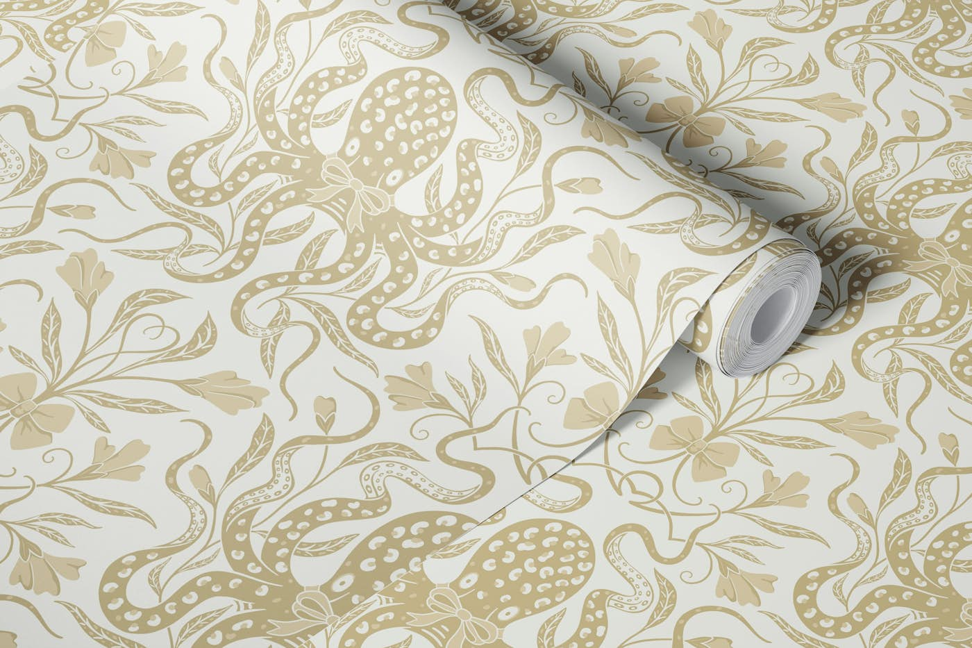 Beige Octopus and Art Nouveau Flowers wallpaper roll