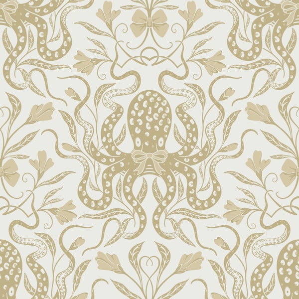 Beige Octopus and Art Nouveau Flowers