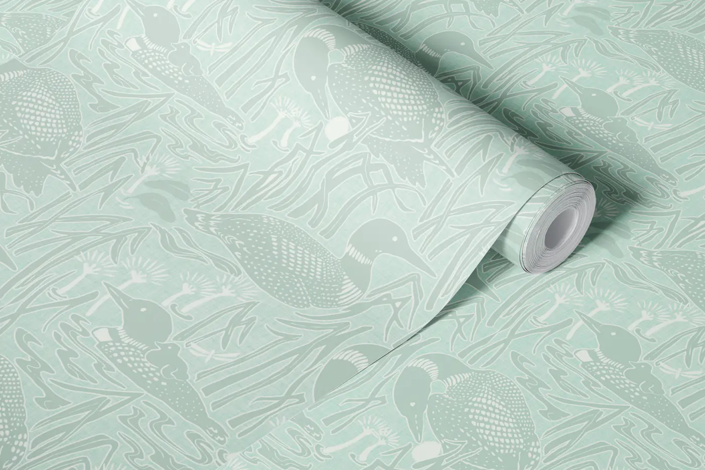 Loon bird lake sage green wallpaper roll