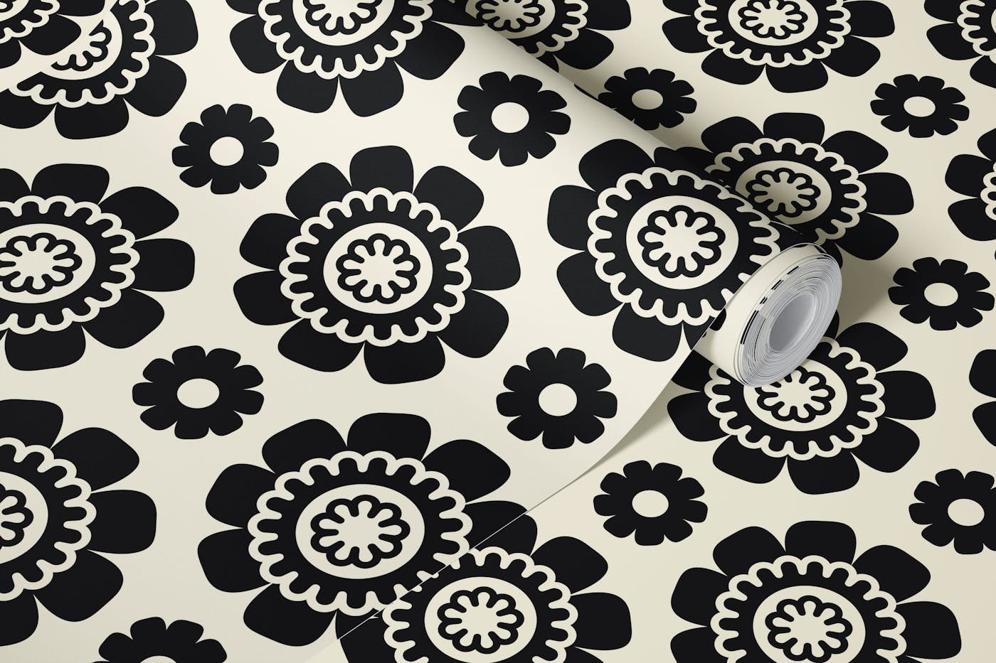 Simple geometric flowers, black / 3204A wallpaper roll