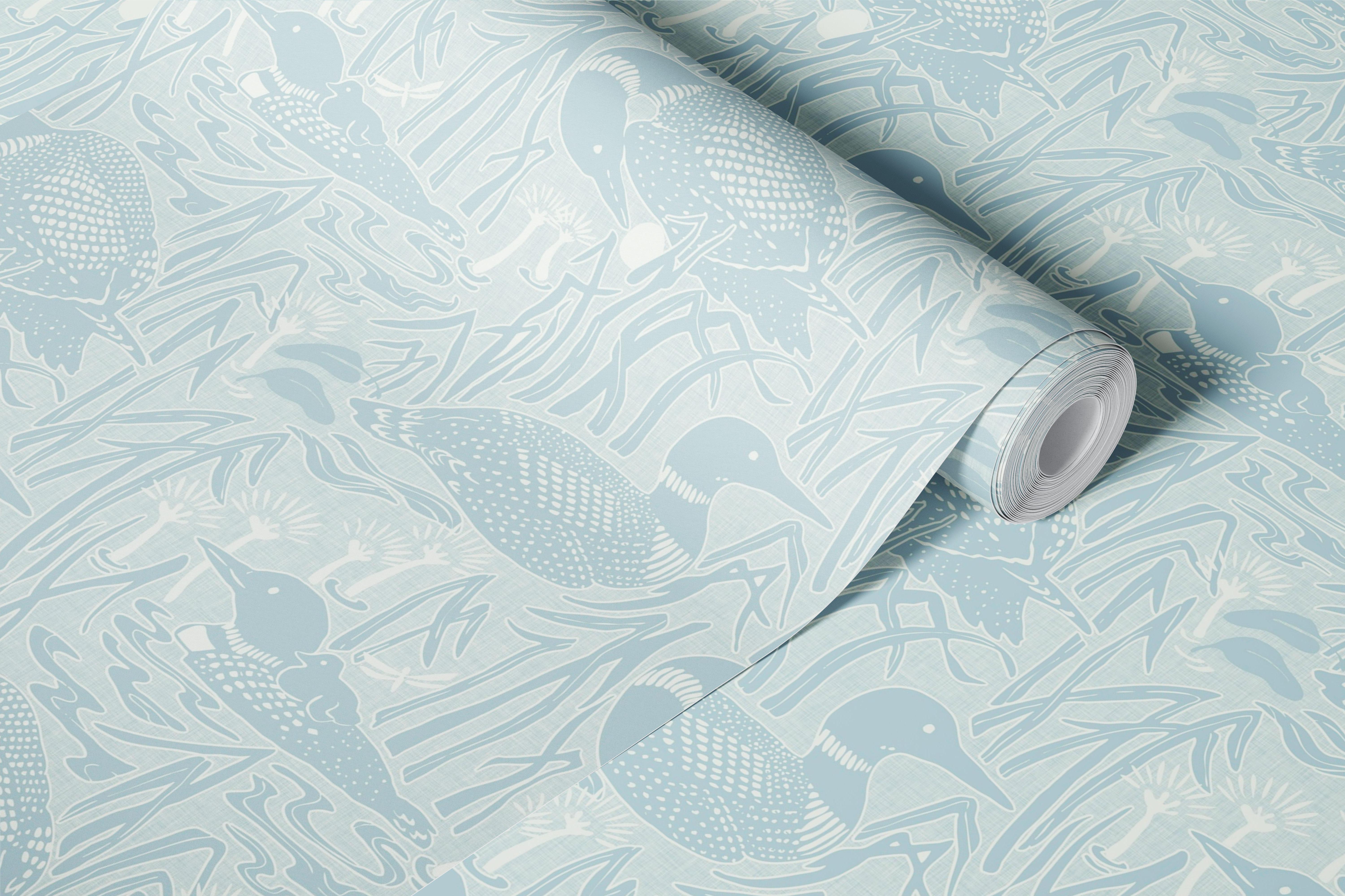 Duck and lily pad design in soft grey tones wallpaper