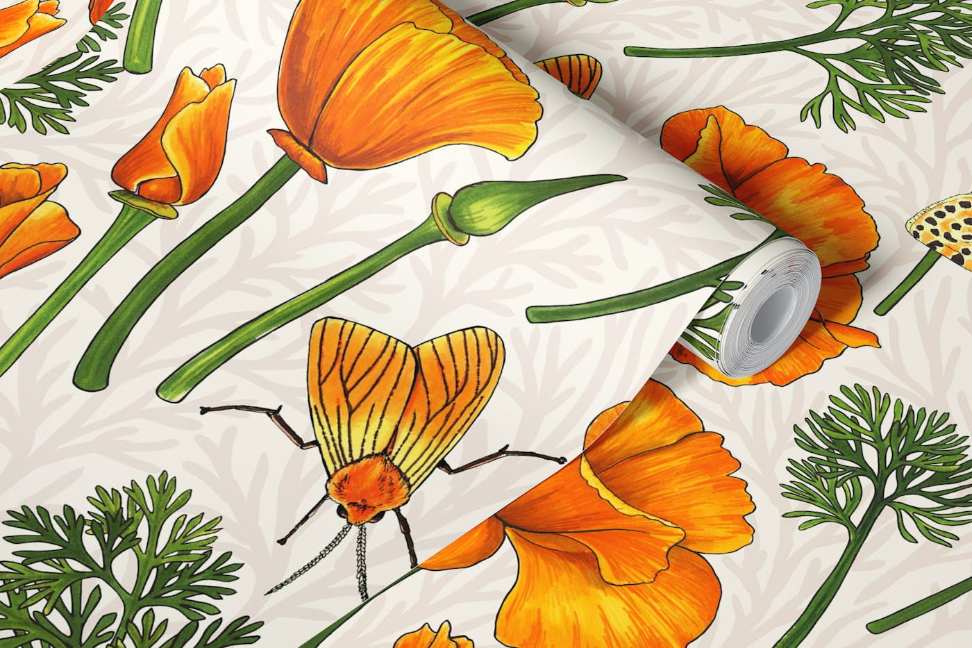 California poppies and moths on off white wallpaper roll