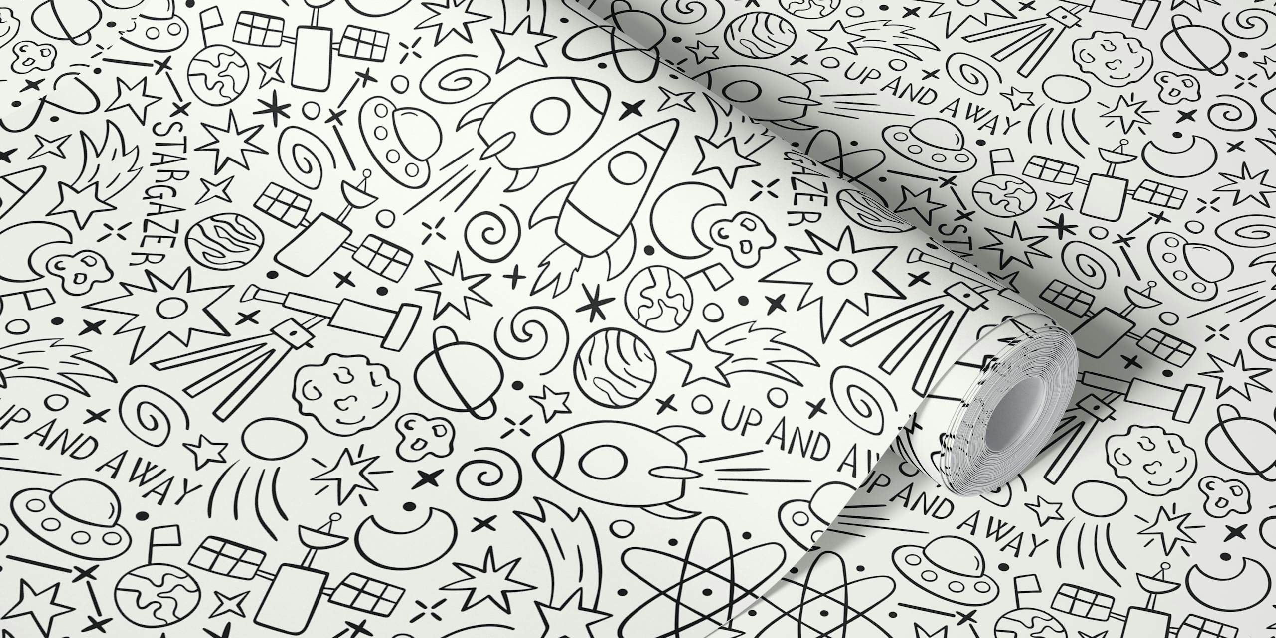 Whimsical wallpaper design with doodles in a room