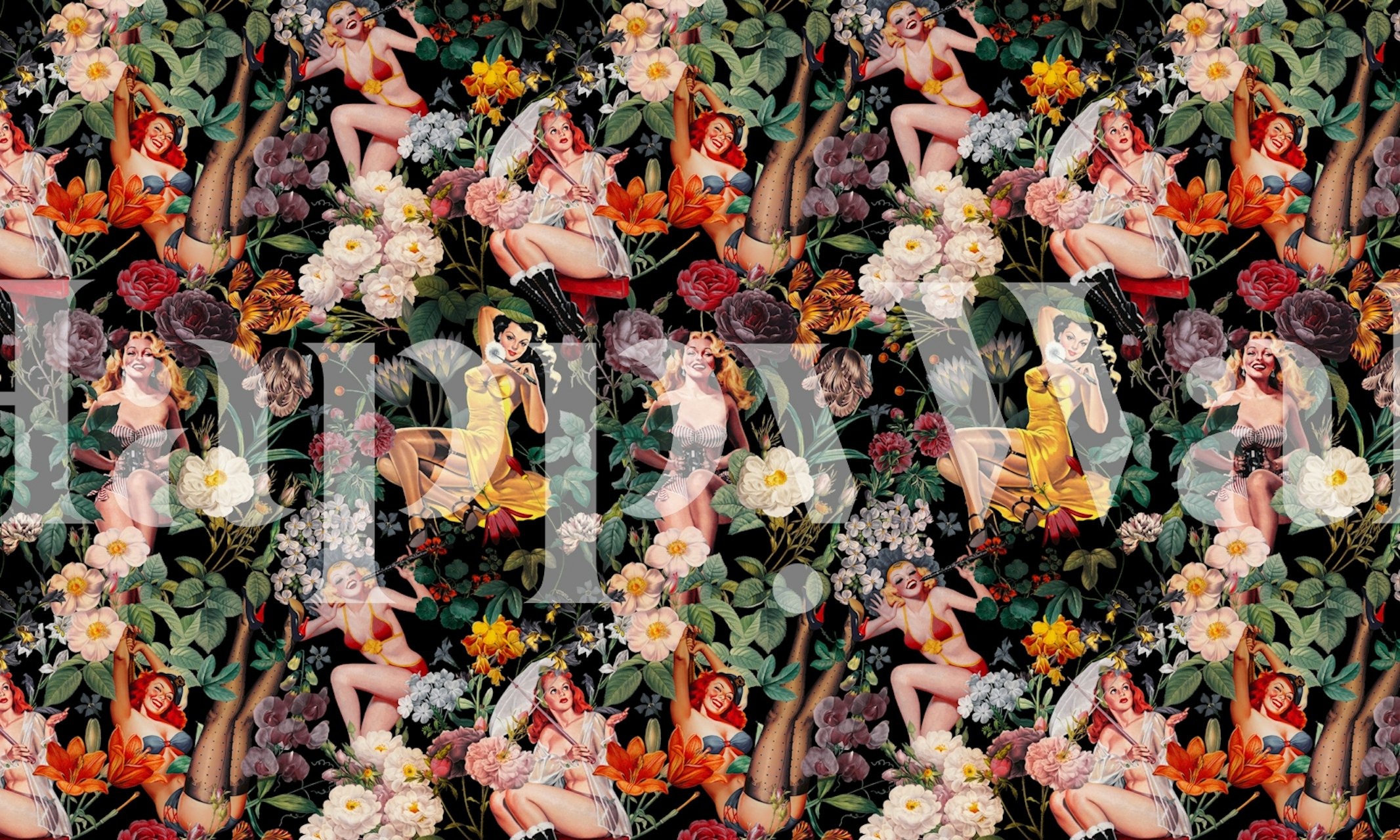 Vintage bloemen en pin-up meisjes op zwart behang wallpaper