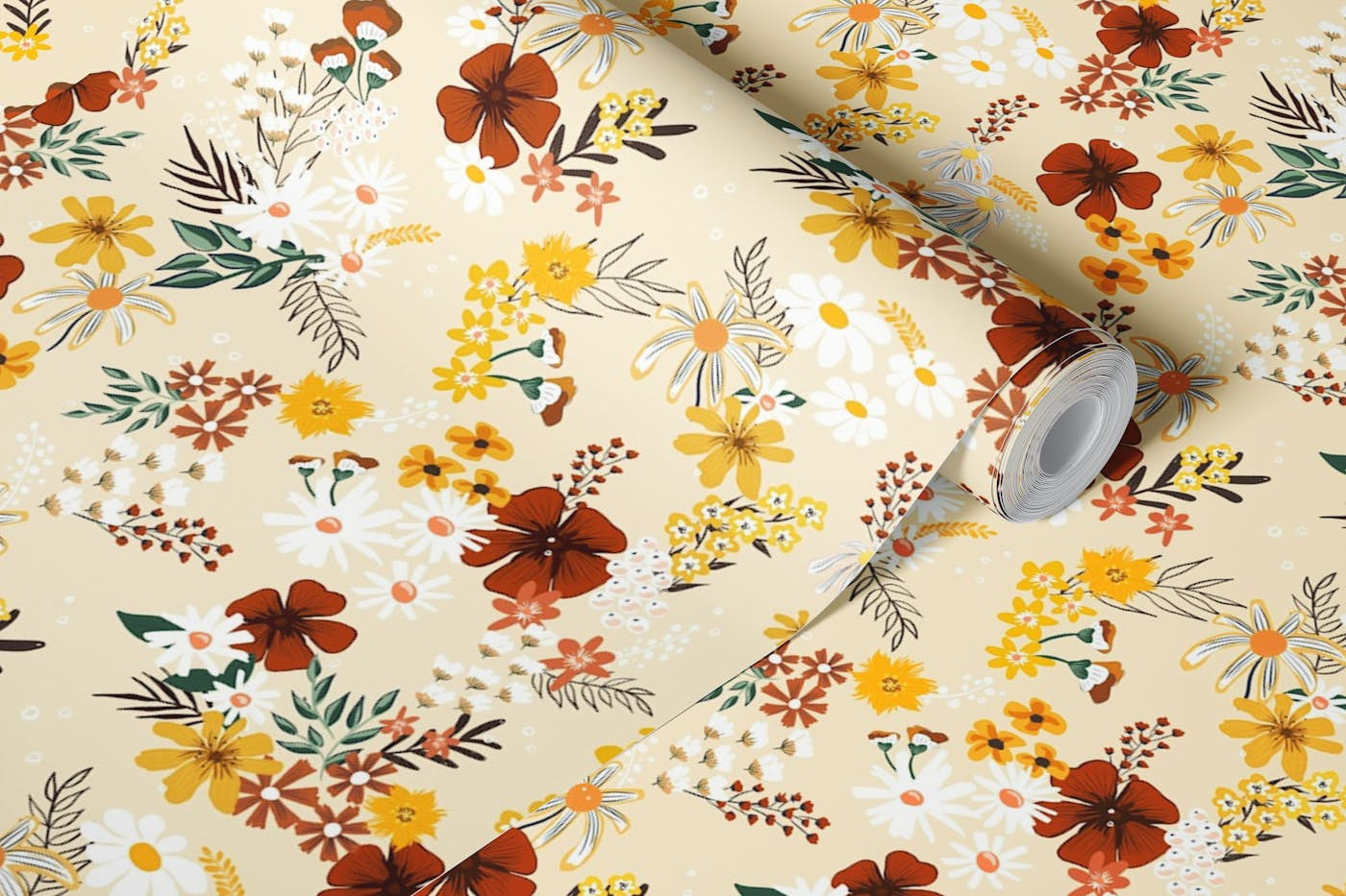 Boho Scattered Mixed Flowers on Sand Beige wallpaper roll