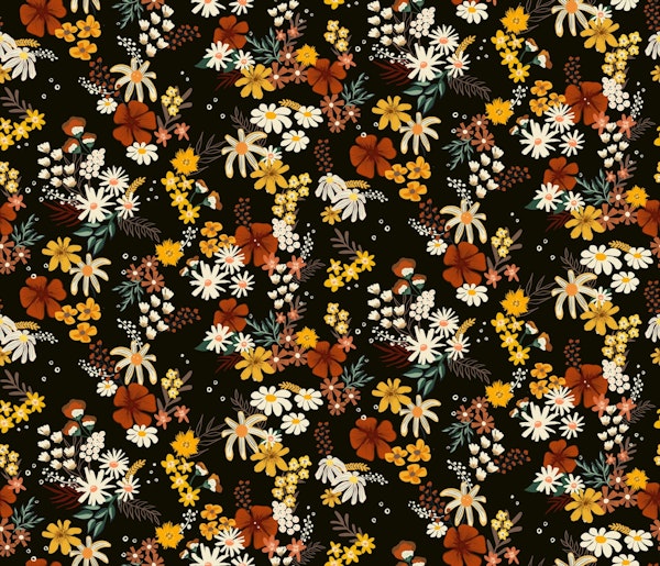 Boho Scattered Mixed Flowers on Black