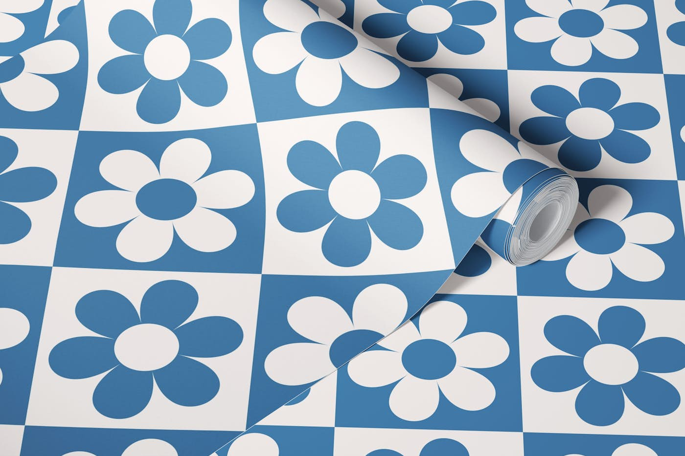 Floral Check - Blue wallpaper roll