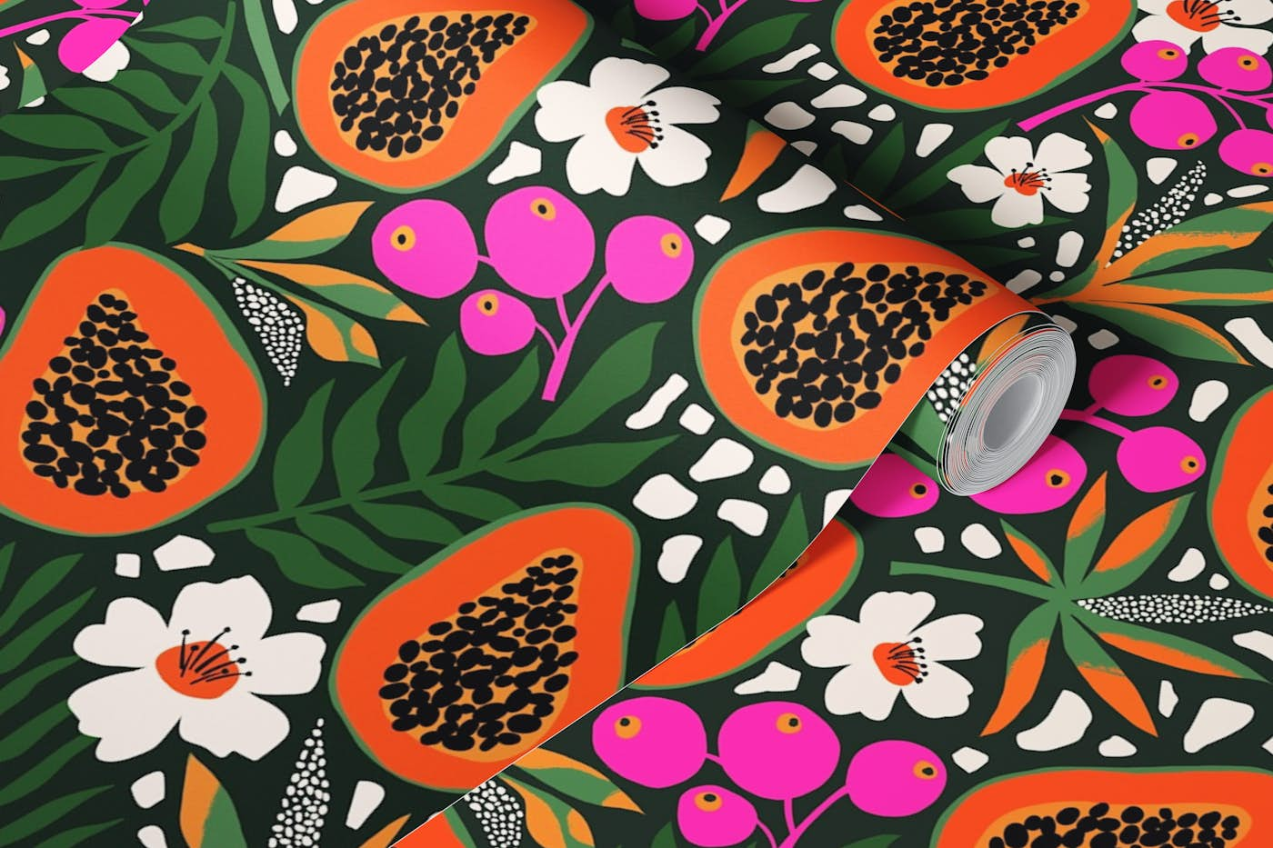 Tropical Papayas and Forest Green Palm Leaves wallpaper roll