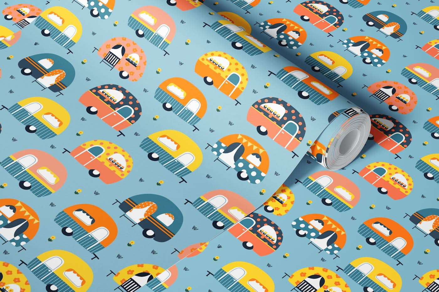 Colorful Camping Trailers on Light Blue wallpaper roll