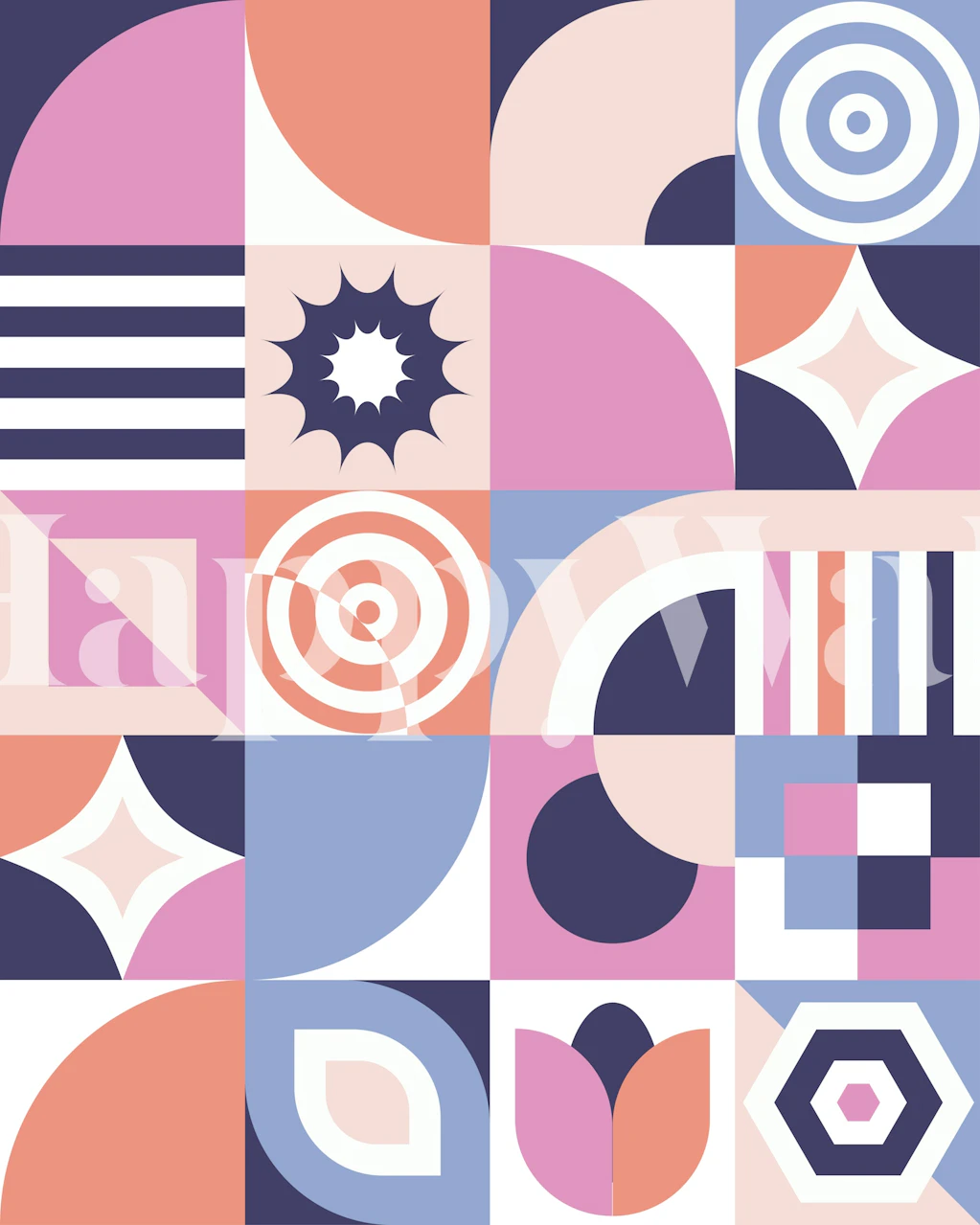 Colorful geometric shapes in pink, navy, and white wallpaper
