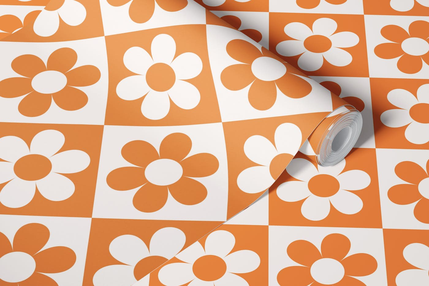 Floral Check - Orange wallpaper roll