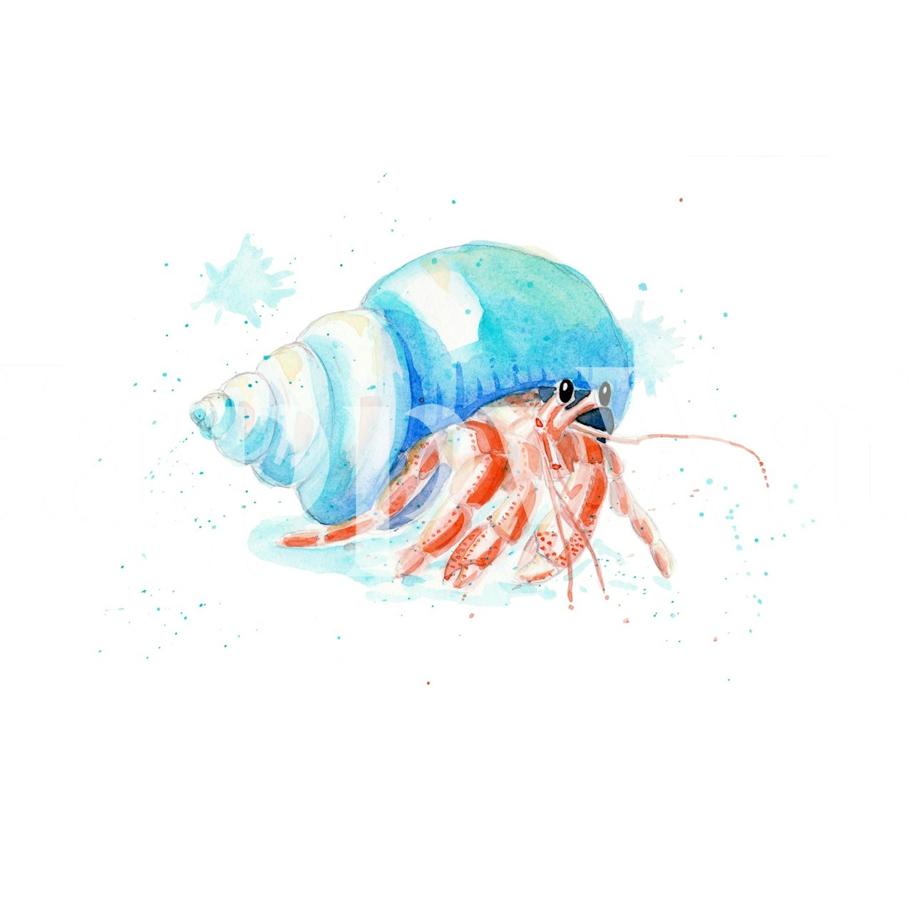 Colorful watercolor hermit crab with blue shell and coral body wallpaper