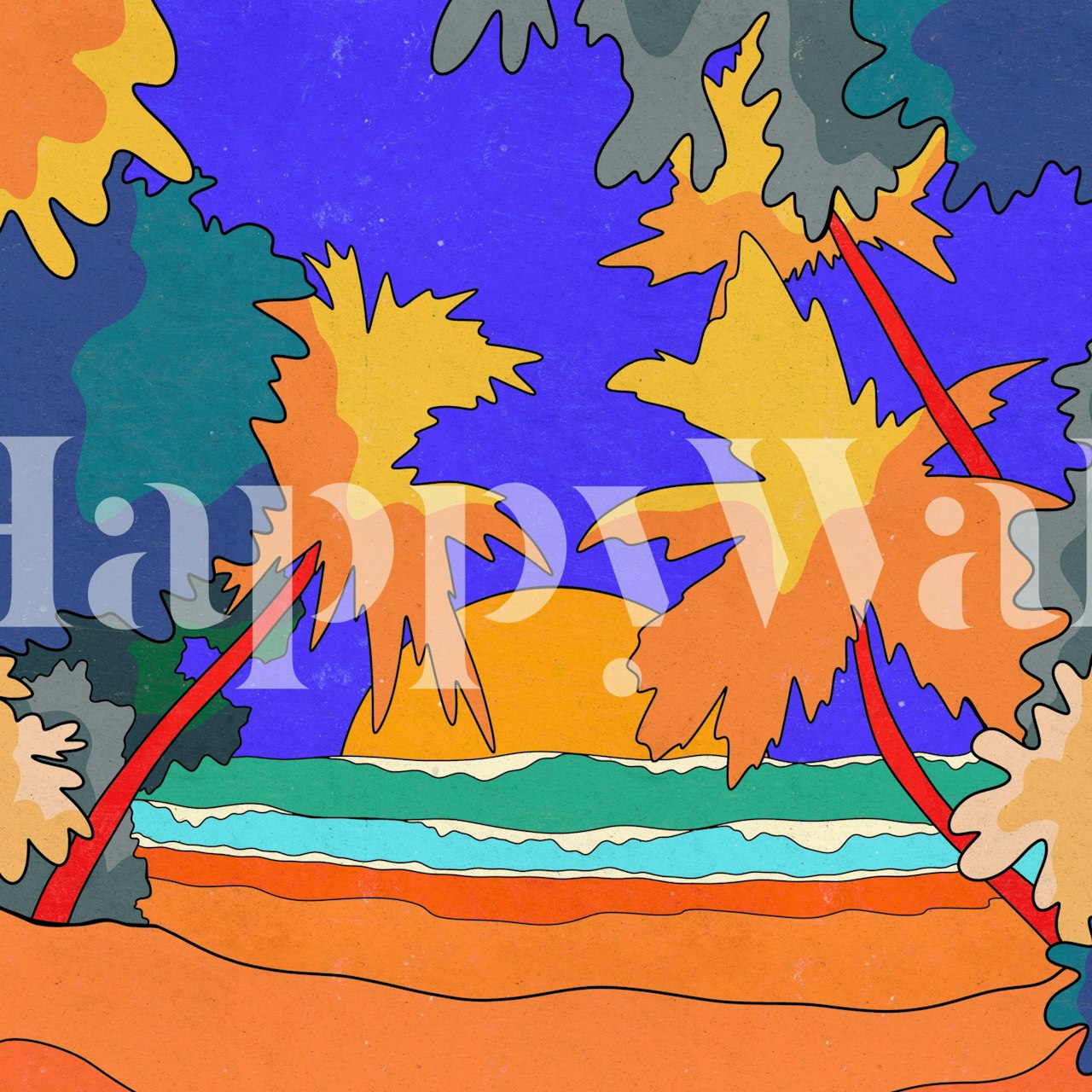 Tropical beach sunset with palm trees and ocean waves wallpaper