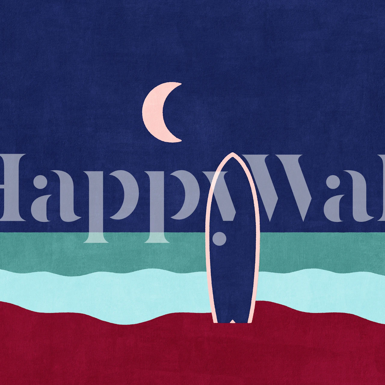 Illustrative wall mural with surfboard on a night beach under a crescent moon