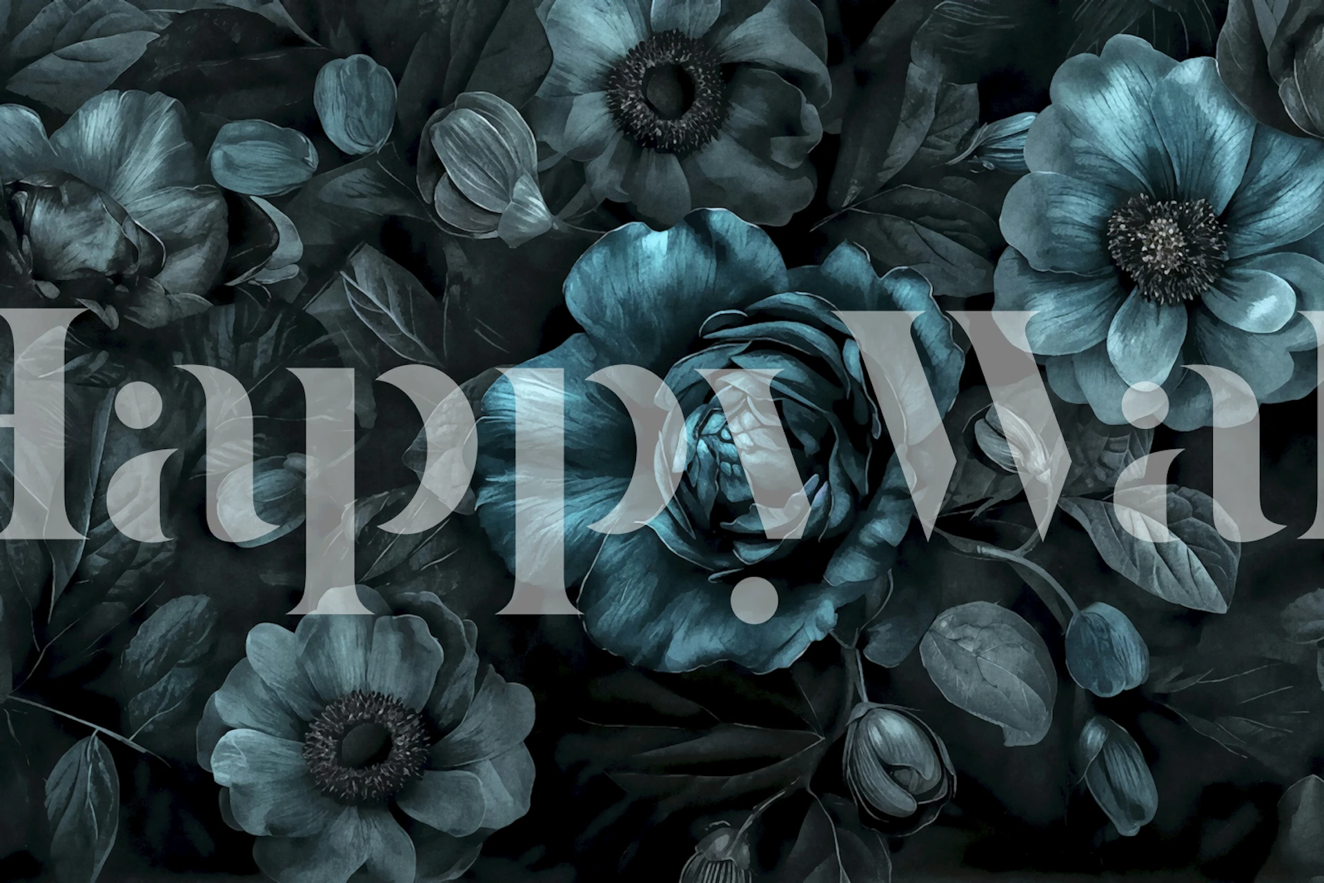 Donker bloemenbehang met Midnight Grandeur Moody Teal Flowers