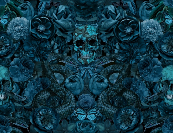 Baroque Flower Skull Snake Opulence Teal Blue