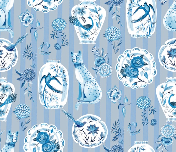 chinoiserie porcelain on blue stripes