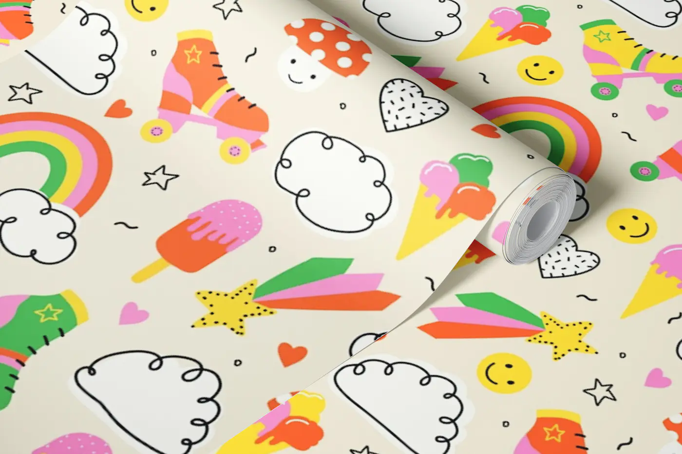 Nineties Roller Skates and Rainbows wallpaper roll