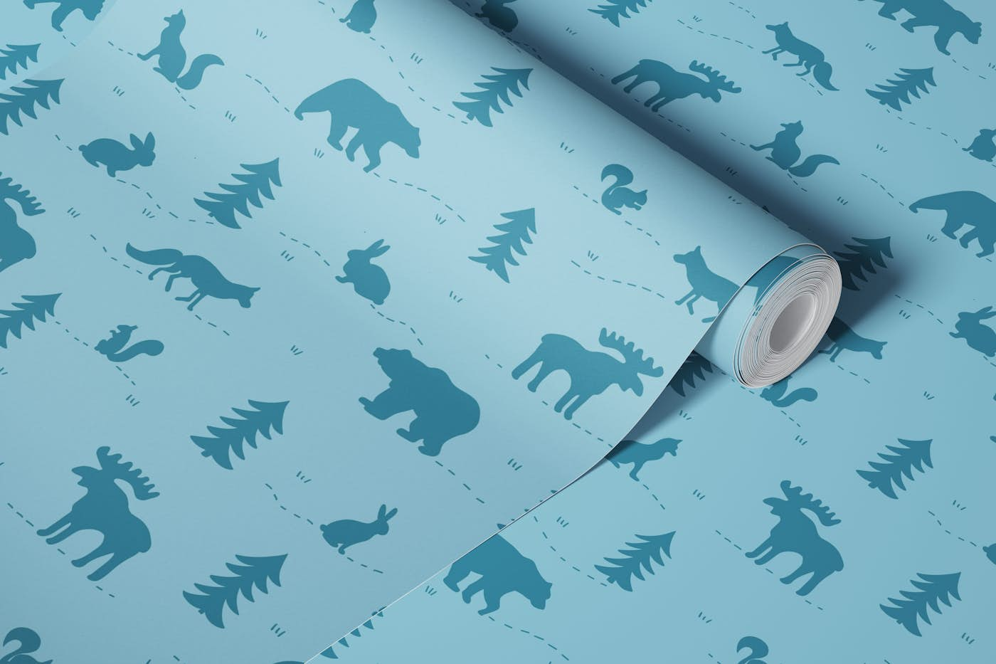 Forest Animals Silhouettes - Blue Teal wallpaper roll