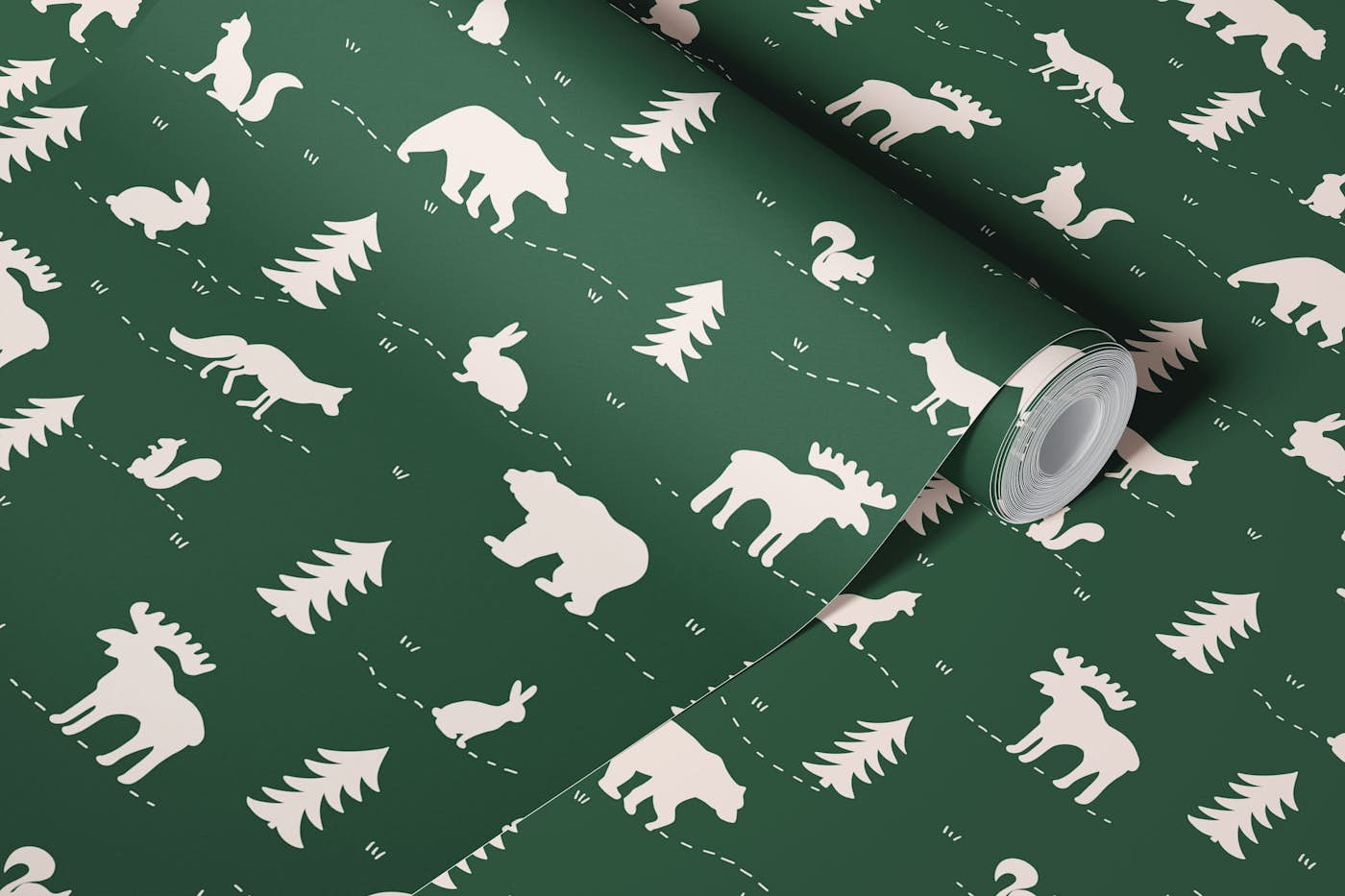 Forest Animals Silhouettes - Green White wallpaper roll