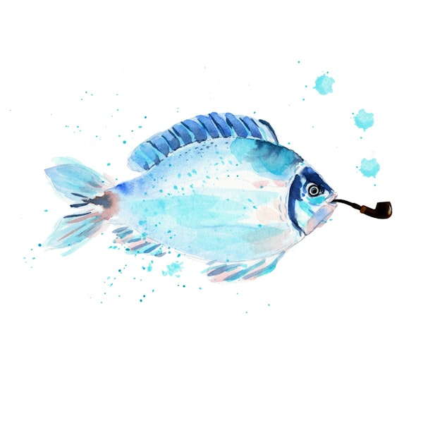 funny watercolor fish with pipe