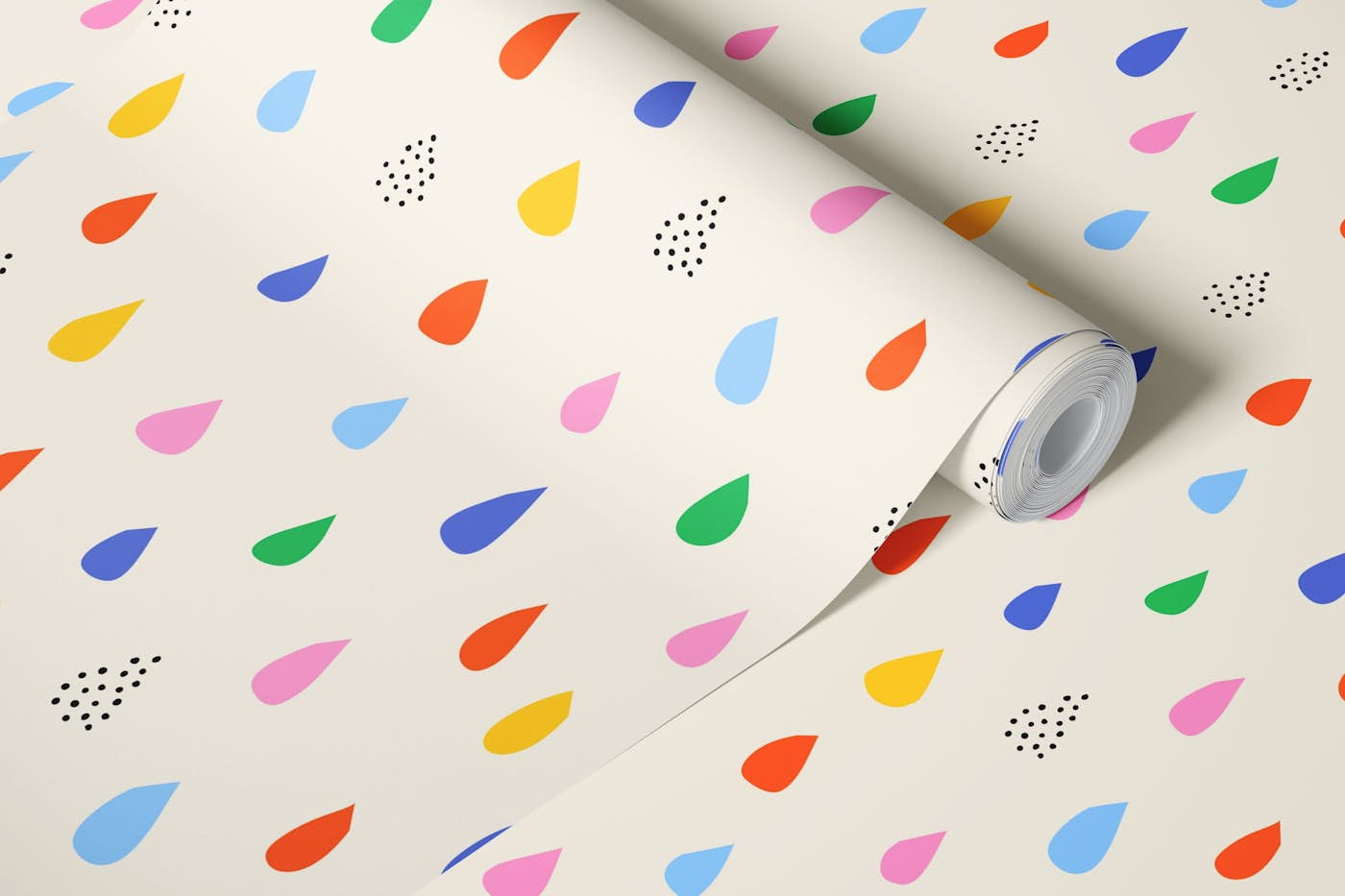 Falling Rainbow Raindrops and Dots on White wallpaper roll