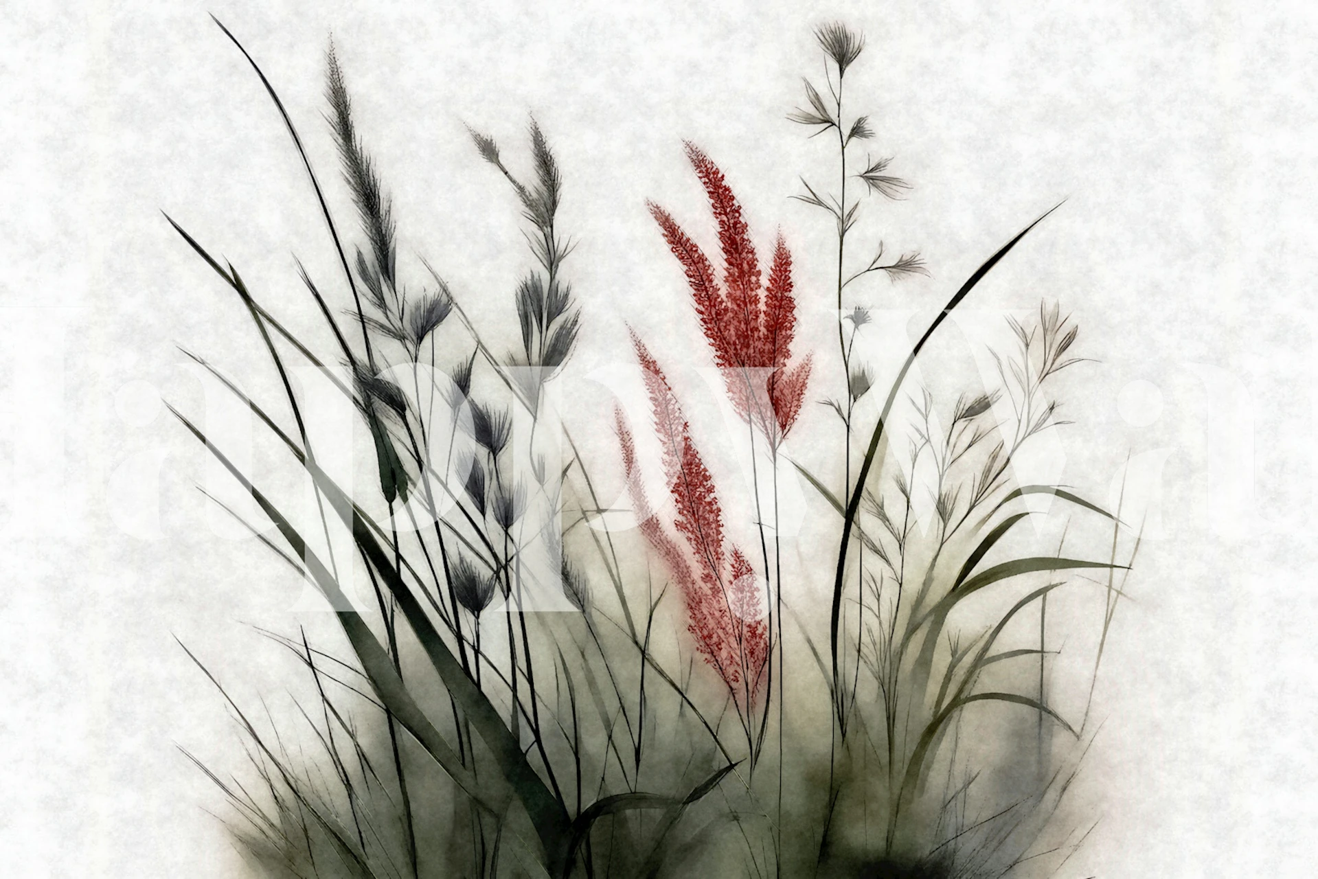 Delicate grass illustrations in muted tones of green and burgundy wallpaper