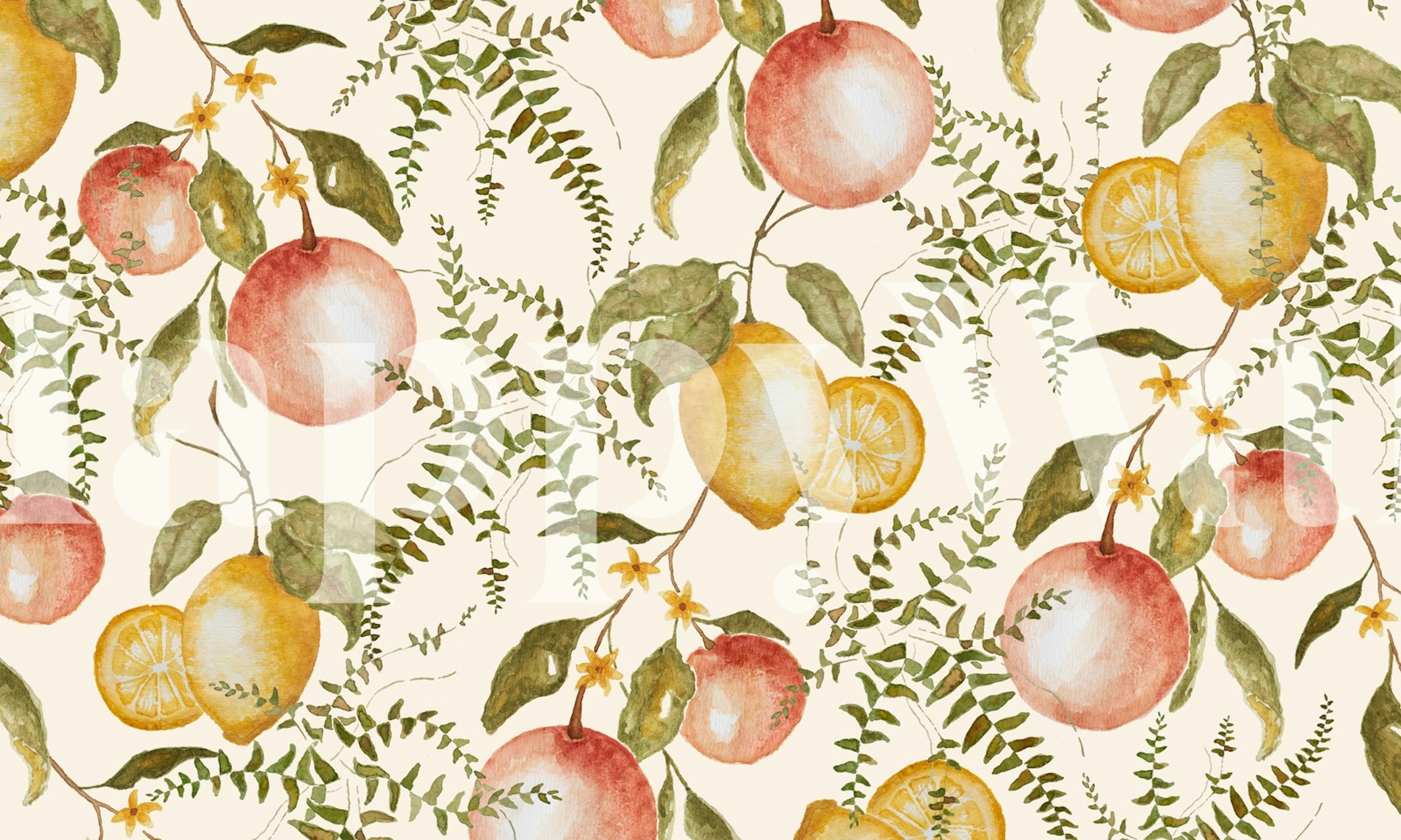 Citrus fruits in watercolor style with green leaves wallpaper