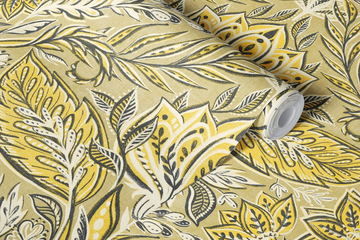 Botanical Damask in Golden Yellow and Grey wallpaper roll