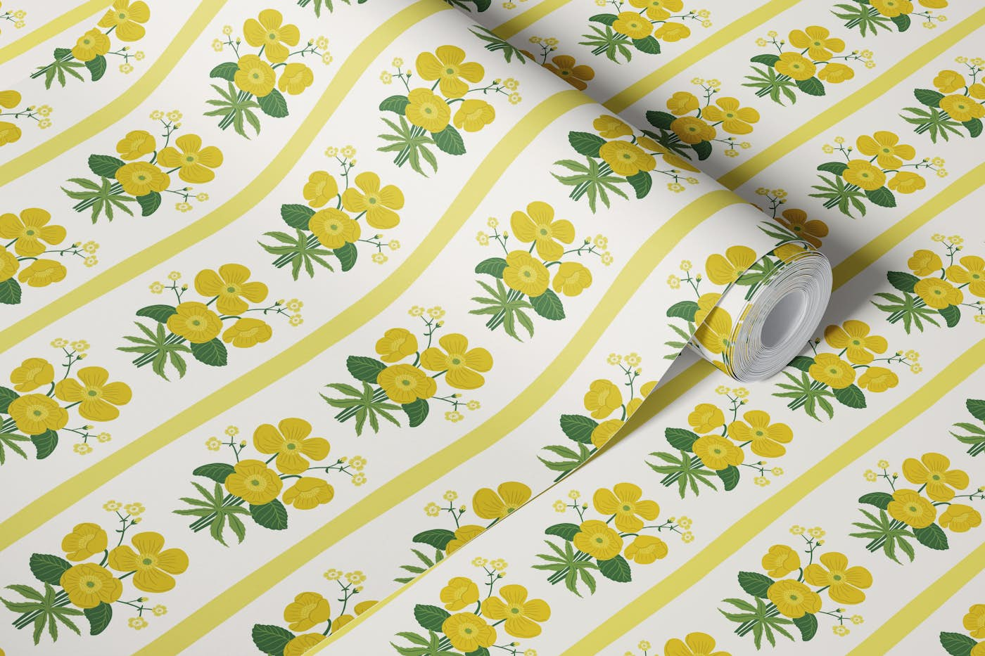 Grandmillennial Poppies Stripe - Yellow wallpaper roll