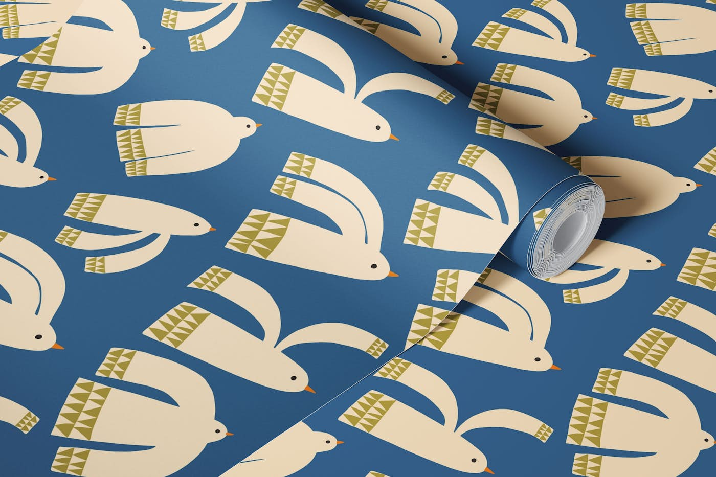 Be Free - Folk Art Birds - Blue wallpaper roll