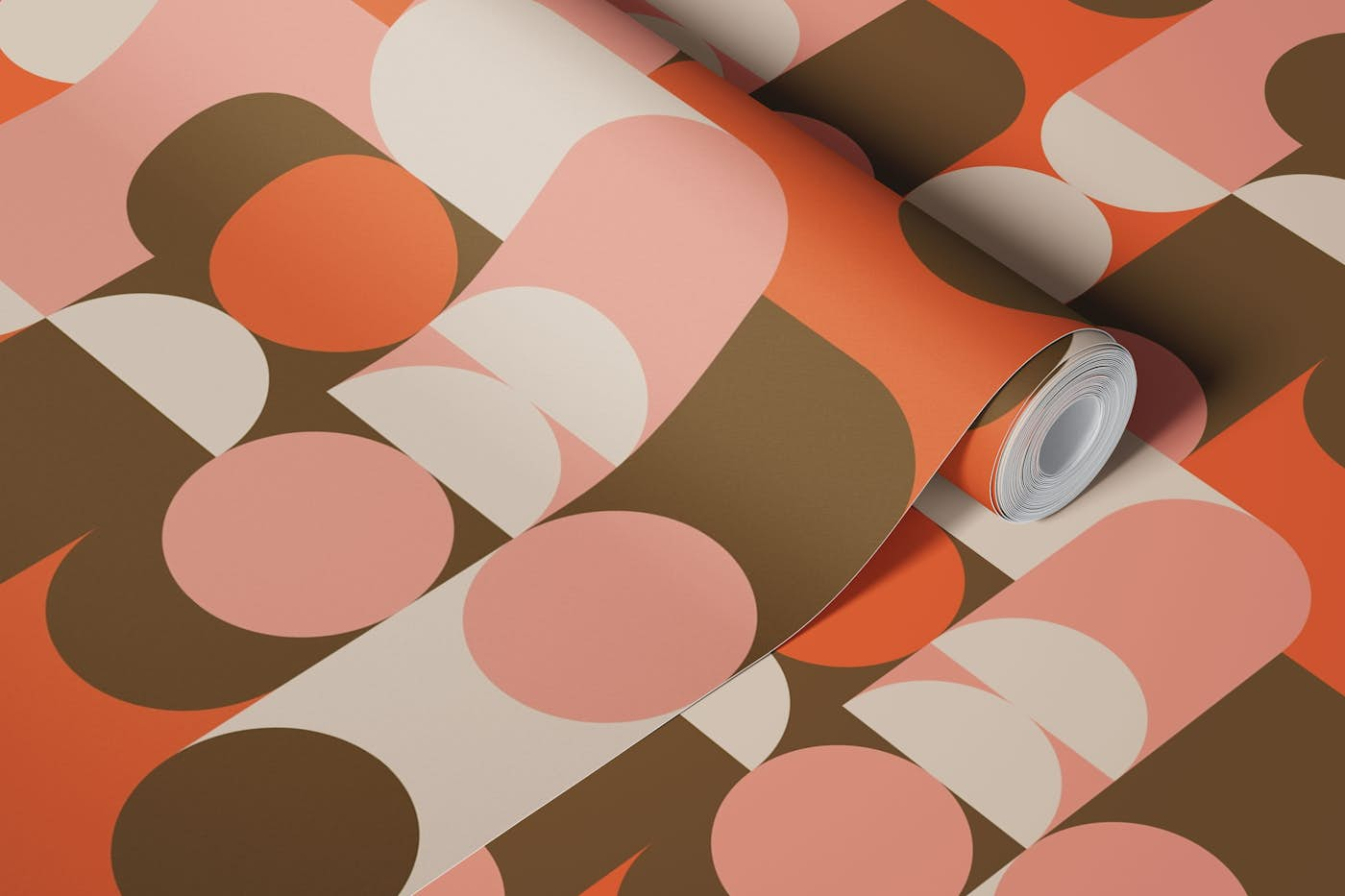 Bauhaus Circles - Brown Pink Orange Cream wallpaper roll