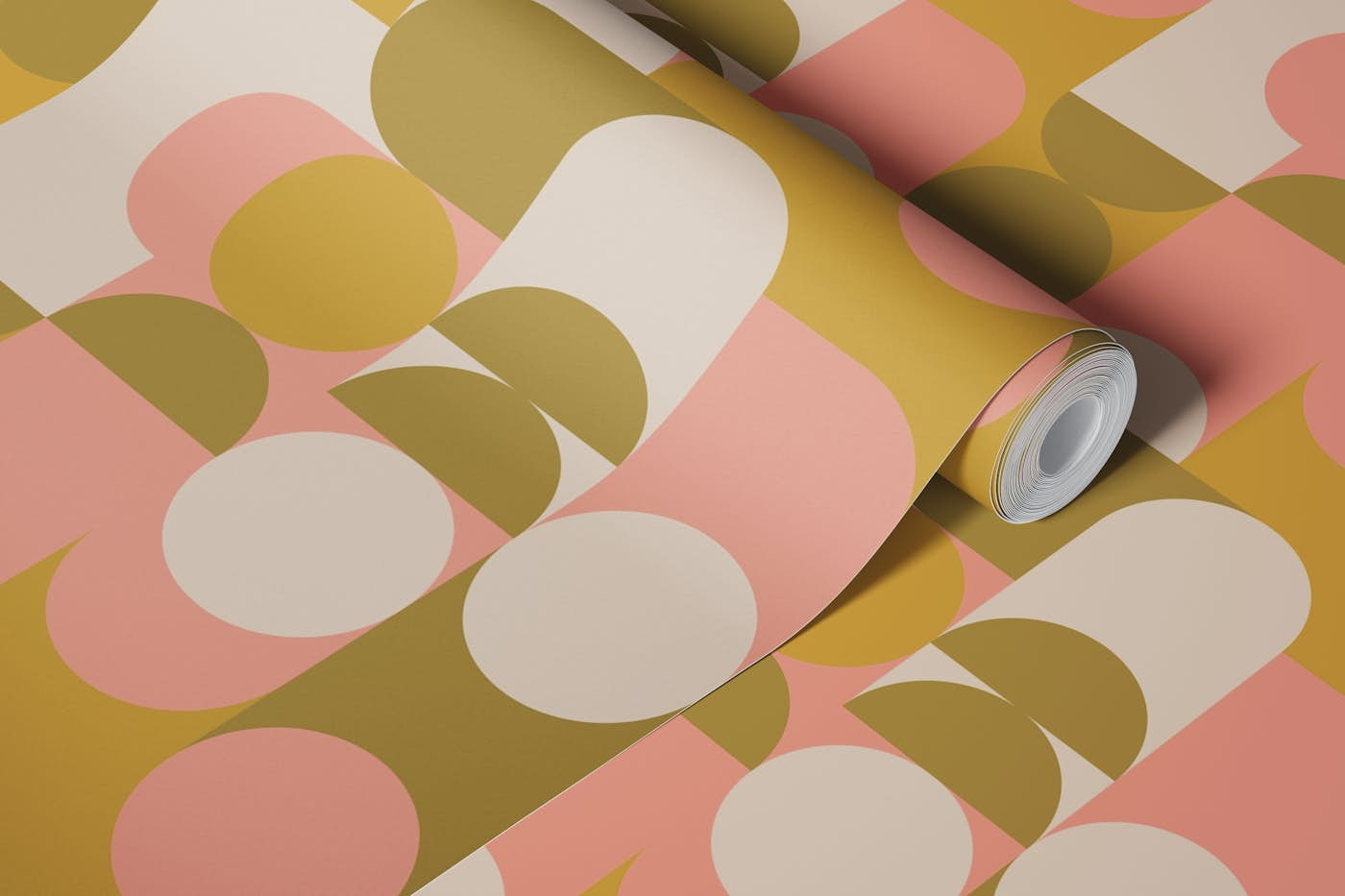 Bauhaus Circles - Pink Mustard Olive Cream wallpaper roll