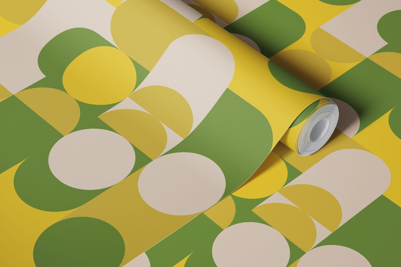 Bauhaus Circles - Green Yellow Olive Cream wallpaper roll