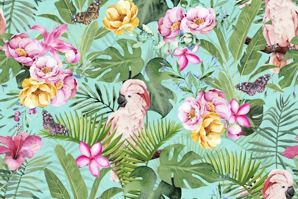 Whimsy Cockatoo Tropical Flower Paradise Teal