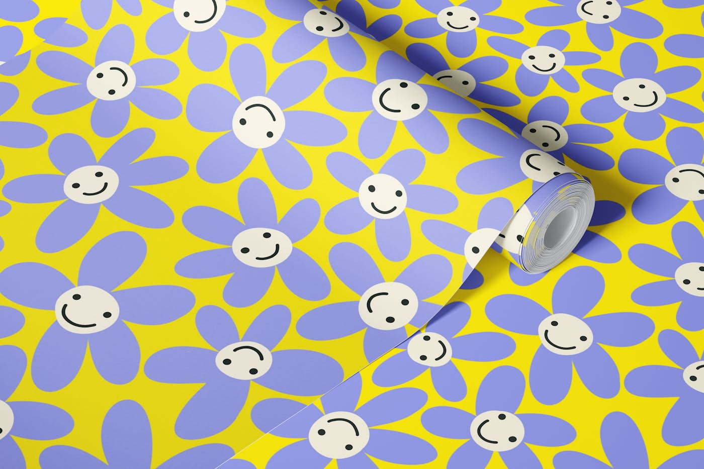 Colorful Smiley Faces Daisies - Yellow Purple wallpaper roll