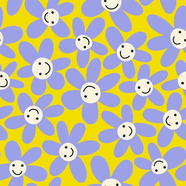 Colorful Smiley Faces Daisies - Yellow Purple