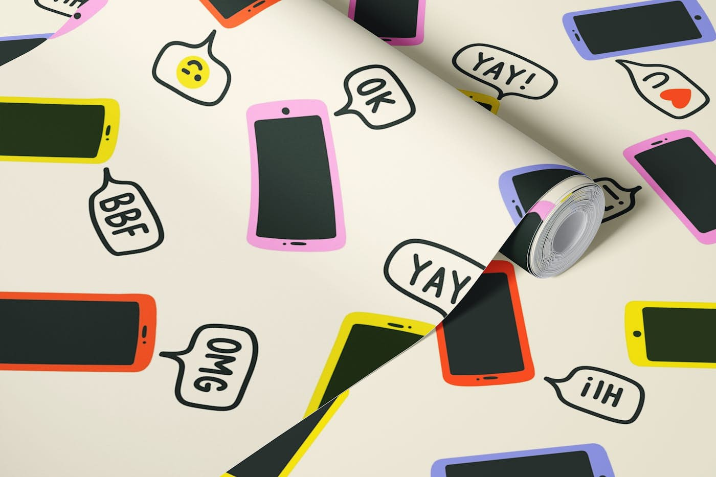 Scattered Colorful Cell Phones and Texts wallpaper roll