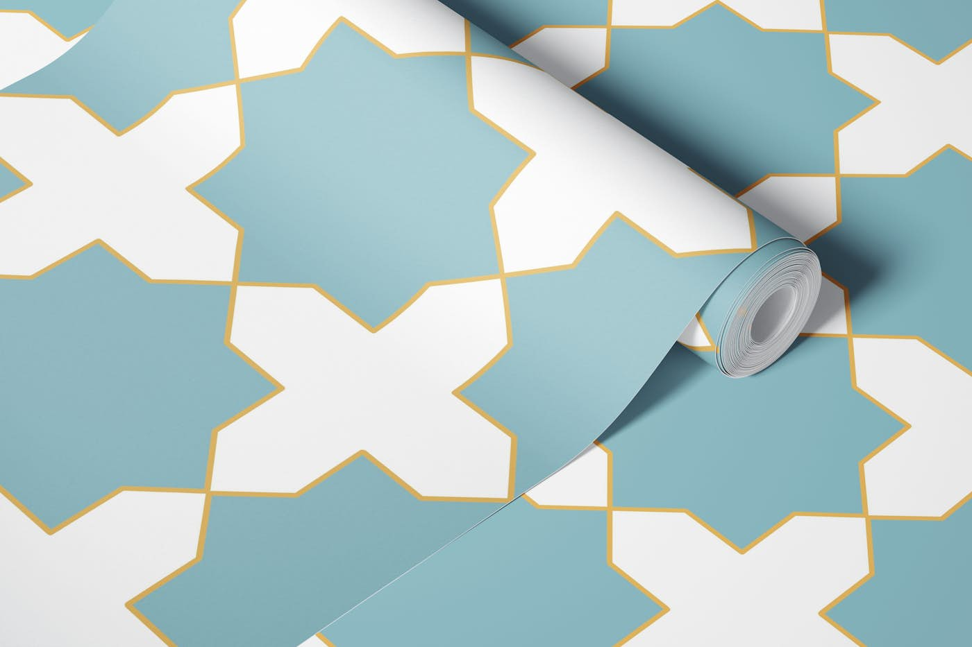 Arabesque art style 10 pale blue and gold wallpaper roll