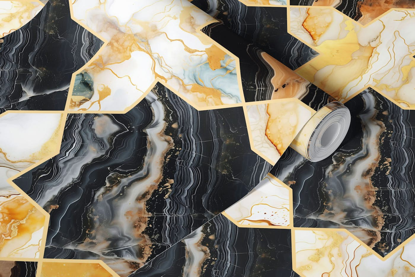 Arabesque art style 10 black and gold marble wallpaper roll