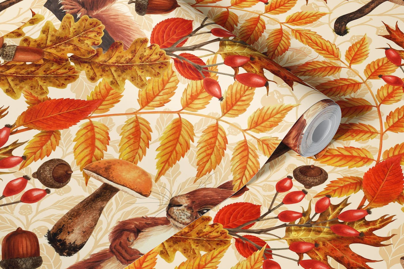 Autumn squirrel on off white wallpaper roll