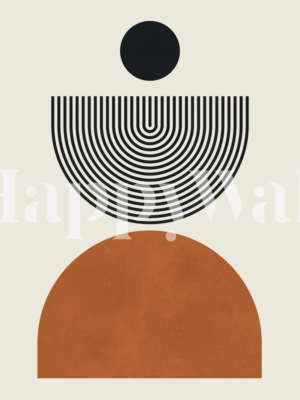 Abstract geometric wall mural featuring circles and semicircles in black and earth tones on a beige background.