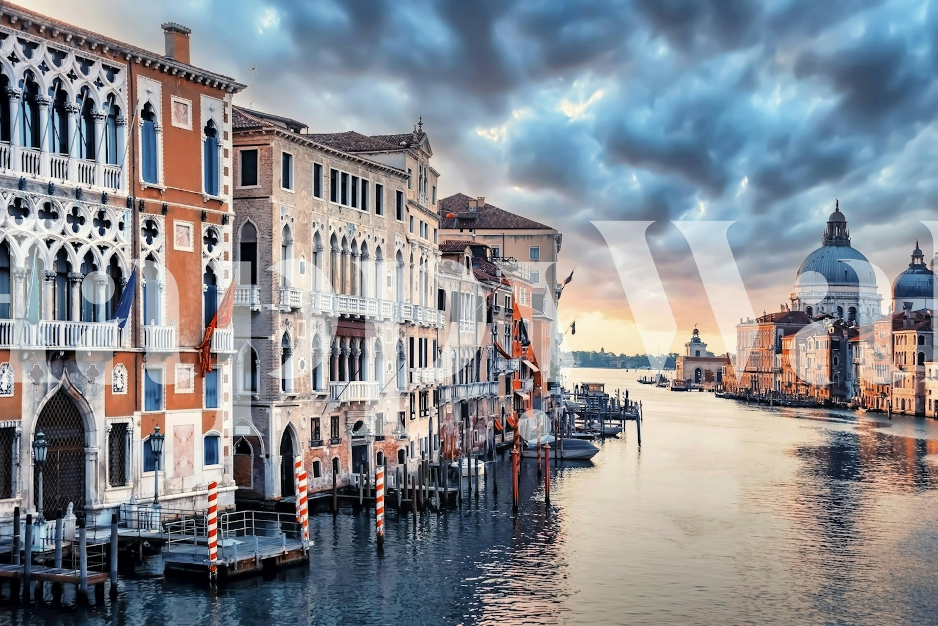 Venetian canal wall mural with sunrise and historic buildings