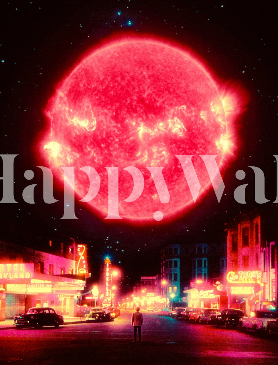 Vibrant cityscape with pink sun and neon lights wallpaper