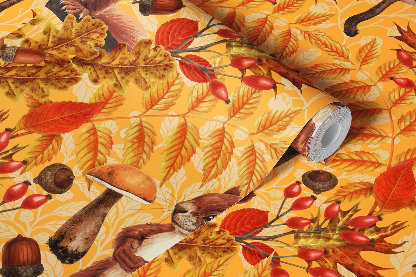 Autumn squirrel on yellow wallpaper roll