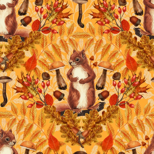 Autumn squirrel on yellow