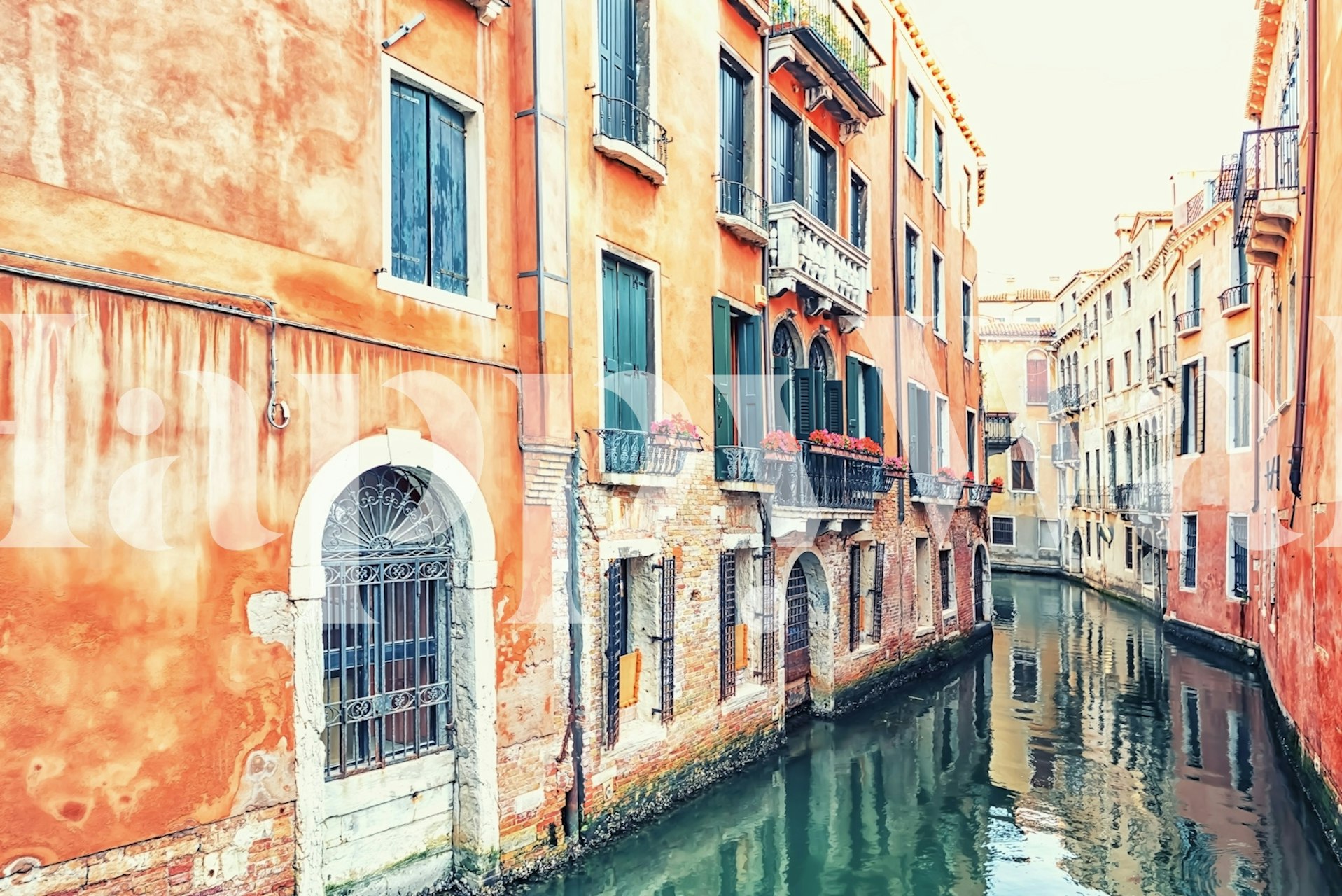 Venice architecture canal scene featuring orange buildings and green shutters wallpaper